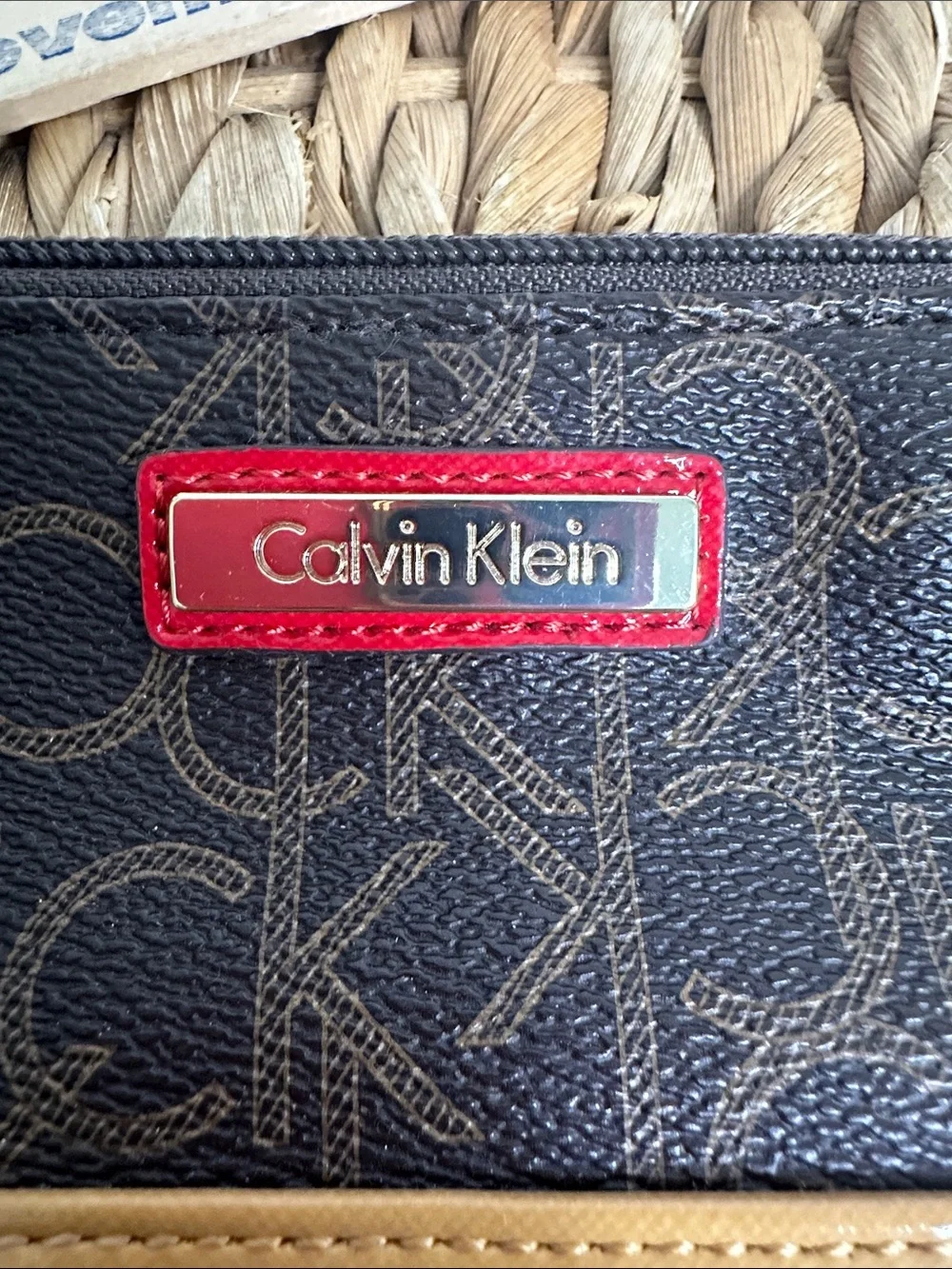 Calvin Klein Brown Monogram Cosmetic Pouch with Mustard Tri